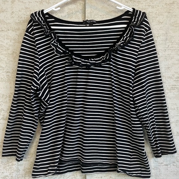 Hell Bunny Women's Striped Shirt Top Ruffled Velvet Neck Black White Stretchy - Picture 1 of 16